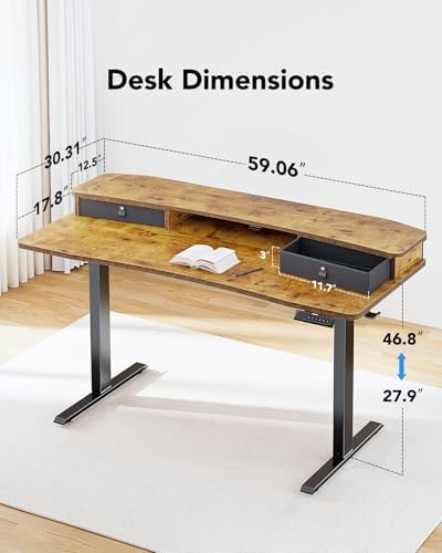 HUANUO 60″ x 30″ Electric Standing Desk with 2 Drawers, C-Clamp Mount Compatible, Height Adjustable Computer Desk, Home Office Stand Up Desk with 4 Preset Heights & 2 Hooks, Vintage Brown - Image 3