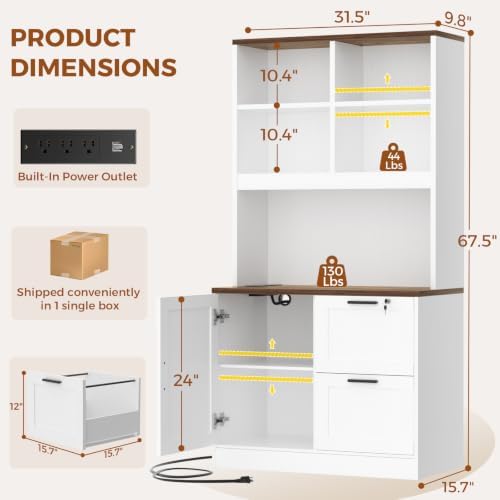 Vertical File Cabinet Bookcase with Printer Stand & Charging Station, White - Image 3