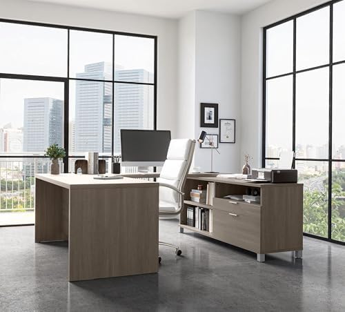 BOWERY HILL U-Shaped Computer Desk, Bark Gray Finish, 1.5" Commercial Grade Work Surface with Melamine, PVC Edge, Square Metal Legs, Adjustable Shelves, Reversible Design, 71.1" W x 89" D, Home - Image 2