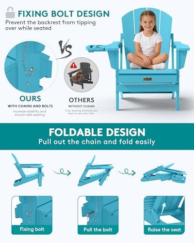 SERWALL Folding Adirondack Chair, 4 in 1 Cup Holder Wood Texture-Light Blue - Image 5