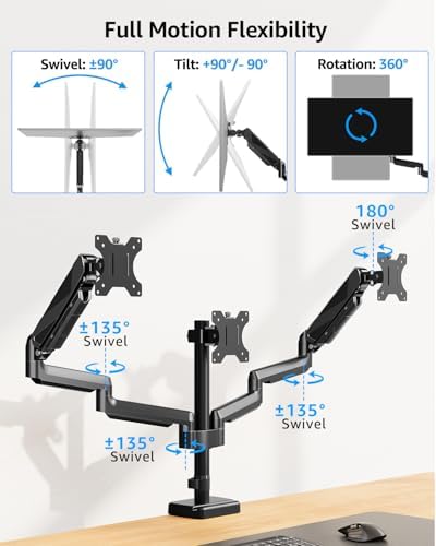 MOUNTUP Triple Monitor Mount, Triple Monitor Desk Mount for Max 27 inch Computer Screens, 3 Monitors Stand for Desk, Monitors Arm with Swivel, Tilt, Rotation, Each Arm Holds 4.4-19.8 lbs - Image 6