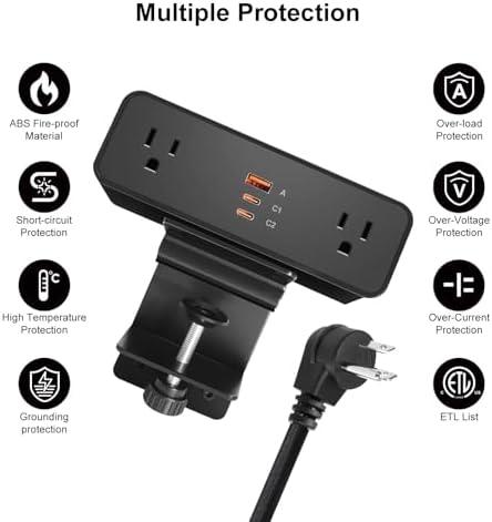 Desk Clamp Power Strip USB C 100W, Desktop Edge Mount Fast Charge Station 3 PD USB Port 2 AC Outlets 6ft Braided Extension Cord Flat Plug Fit Max 3.26’’ Tabletop Edge for Gaming Office Table. - Image 3