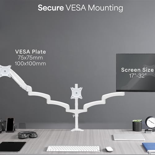 VIVO 17 to 32 inch Triple Pneumatic Monitor Mount, 2 Pneumatic Arms, 1 Fixed, Adjustable Swivel, Rotation, Heavy Duty VESA Desk Stand with C-clamp, Max VESA 100x100, White, STAND-V300GW - Image 5