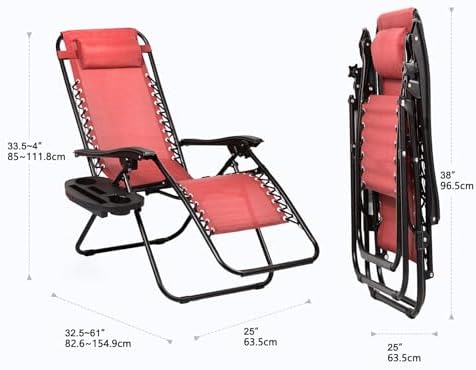 Nazhura Set of 2 Relaxing Recliners Patio Chairs Adjustable Steel Mesh Zero Gravity Lounge Chair Beach Chairs with Pillow and Cup Holder Khaki (Pink) - Image 3