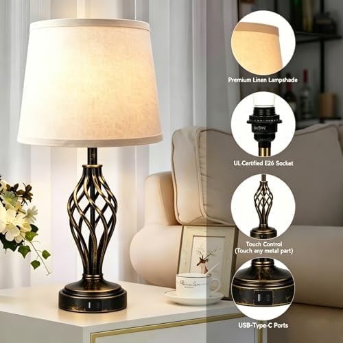 Ruiever Touch Table Lamps Set of 2, nightstand lamp with USB Ports Bedside 3 Way Touch dimmer Desk lamp for Living Room Bedroom,Gold and Black Brushed Spiral Cage Warm White Dimmer LED Bulb Included. - Image 4