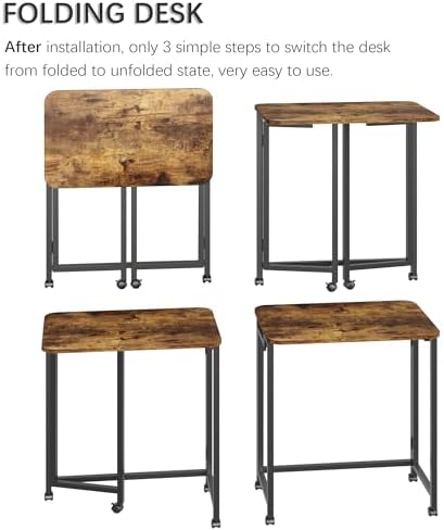 4NM 23.6" Mobile Small Rolling Computer Desk, Folding Laptop Cart Table with Wheels, Portable Office Desk for Small Space Couch Bed - Rustic Brown and Black - Image 6
