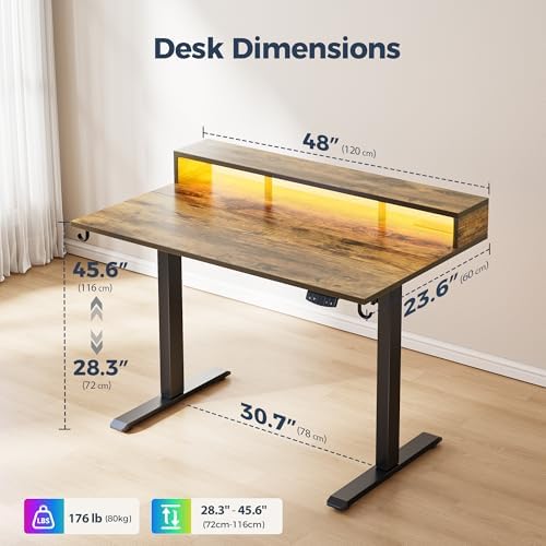 Klicelor Electric Standing Desk with Shelf, 48 Inch Height Adjustable Desk with Power Outlets & LED, Sit Stand Up Table with Monitor Stand, Computer Workstation for Home Office, Rustic Brown - Image 3