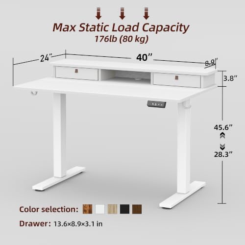TIQLAB 40 * 24 inch Standing Desk with Two Drawers&Top Shelf, White - Image 3