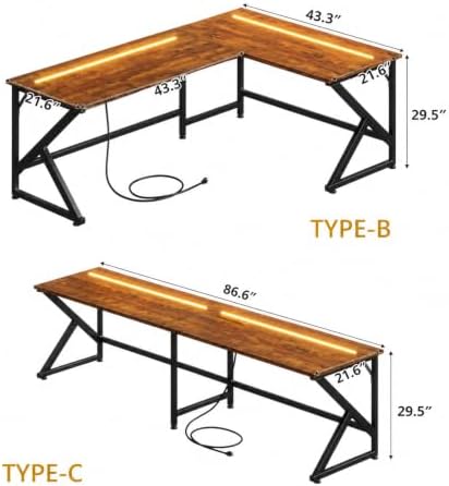 43.3'' L Shaped Gaming Desk with LED Lights & Power Outlets, Rustic Brown - Image 3