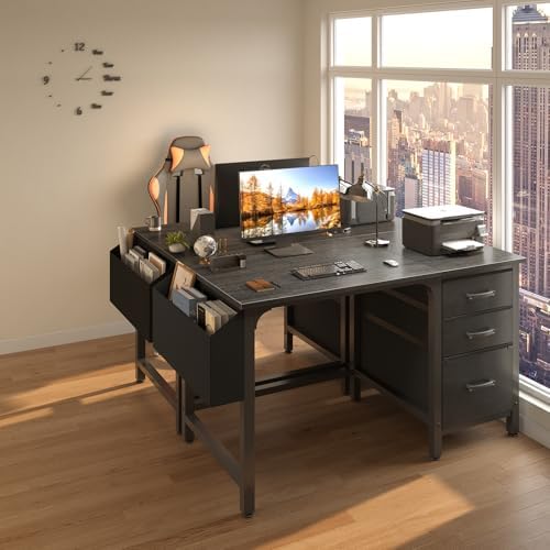 Lufeiya Computer Desk with File Drawers Cabinet, 47 Inch Reversible Home Office Desks with Filing Cabinet for Small Space, Gaming Study Writing Table PC Desks, Black - Image 4