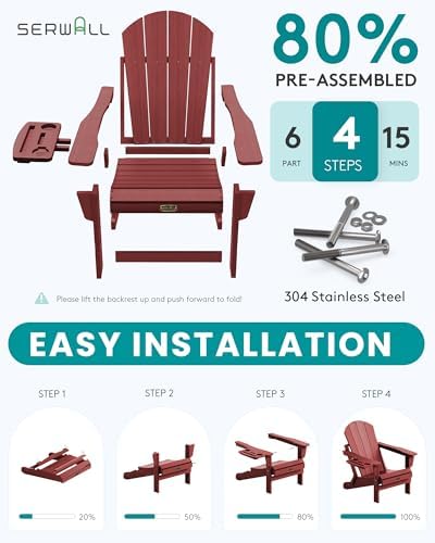 SERWALL Folding Adirondack Chair with Cup Holder, Outdoor Patio Chair, Red, Set of 2 - Image 3