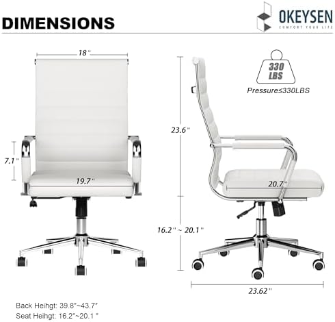 Okeysen Office Desk Chair, Ergonomic Leather Modern Conference Room Chairs, Executive Ribbed Height Adjustable Swivel Rolling Chair for Home Office Set of 2. (White) - Image 3