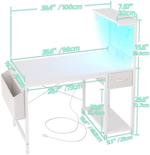 TIQLAB Gaming Desk 40 inch with Power Outlet and LED Light, Computer Desk with Reversible Shelves and Storage Drawer, Small PC Desk for Home Office Table with Bag, Carbon Fiber White - Image 3