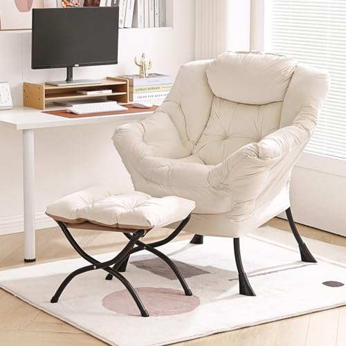 Furlide Lazy Chair with Ottoman, Modern Chair with Folding Footrest, Lounge Accent Chair, Comfortable Reading Chair, Oversized Armchairs for Bedroom, Study, Living Room, Courtyard (Beige) by Furlide