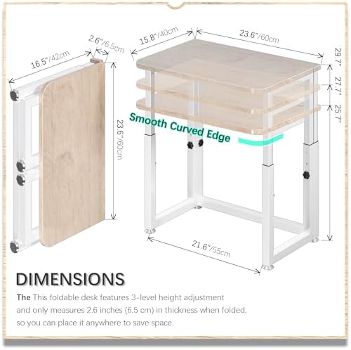 4NM No Tool Assembly 23.6" Small Desk, Folding Portable Desk with Wheels, Adjustable Height Foldable Computer Home Office Desks, Collapsible Study Writing Table for Space Saving Bedroom - Cloud Oak - Image 2