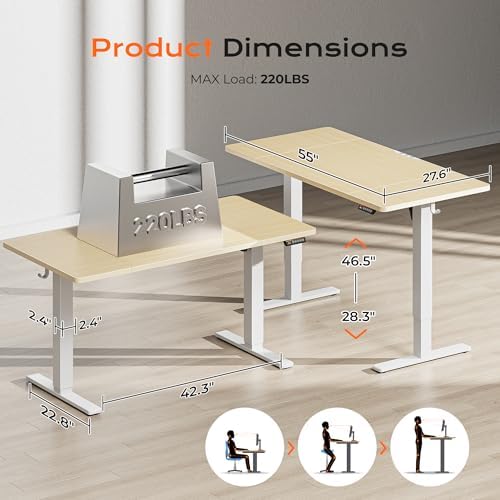 Huuger 55 x 28 Large Electric Standing Desk, Height Adjustable Desk, 27.6" Deep Desktop, Stand up Gaming Computer Office Desk with 2 Hooks, 3 Preset Heights, for Home Office, Maple - Image 2