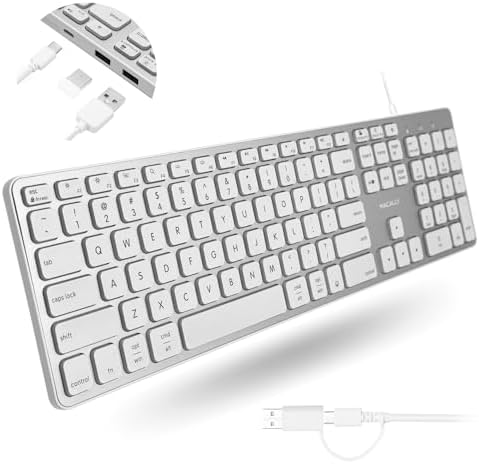 Macally Wired Keyboard for Mac with USB Hub (2X USB-A / 1x USB-C) - Compatible Backlit Apple Keyboard with Dual Interface - Auto OS Detection for Mac, MacBook, iMac, PC, Android, iPad, iOS - Silver by Macally