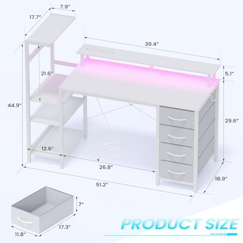 51in Gaming Computer Desk with Drawers & Power Outlet & LED Lights, White - Image 3