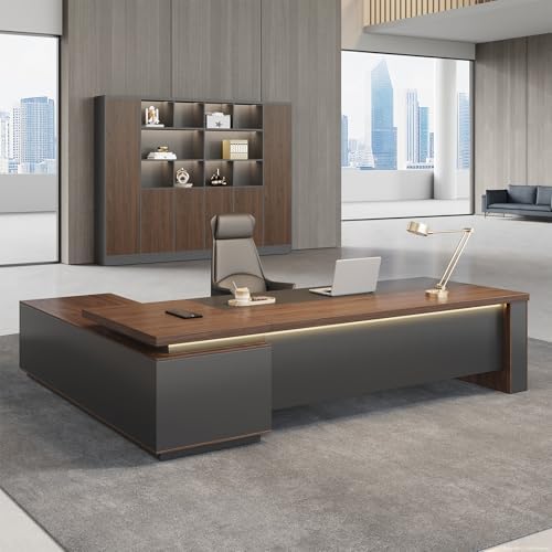Compact Reversible L Shaped Executive Desk for Manager, Home Office Desk with Power Outlet & USB Ports, LED Ambient Lighting, Storage Cabinet (Red Walnut/Graphite Gray, 63" L*63" W*30" H) by ZIMASYA-SmartOfficeSolution