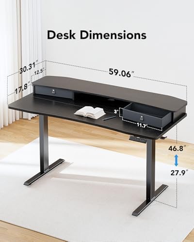 HUANUO 60″ x 30″ Electric Standing Desk with 2 Drawers, C-Clamp Mount Compatible, Height Adjustable Computer Desk, Home Office Stand Up Desk with 4 Preset Heights & 2 Hooks, Black - Image 3