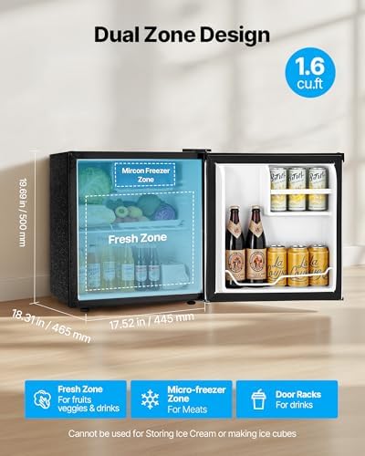VEVOR Mini Fridge with Freezer, 1.6 Cu.Ft Compact Refrigerator, 7 Mode Adjustable Temperature, Energy Efficient Small Refrigerator, Reversible Door, Low Noise, for Bedroom, Office, Brushed Stainless - Image 2