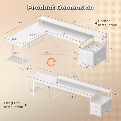 PRAISUN 66" L Shaped Gaming Desk with LED Lights & Power Outlets - Image 2