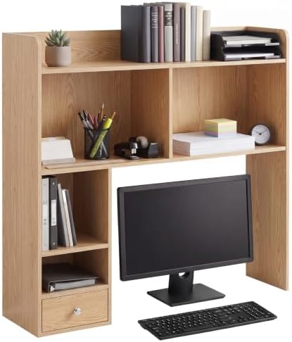 Cinnvoice Natural Desktop Bookshelf Countertop Storage Hutch with Drawer for Computer Desk 5-Tier Display Rack Multipurpose Wood Desktop Hutch Storage Organize for College Dorm Home Office Supply by QinYee