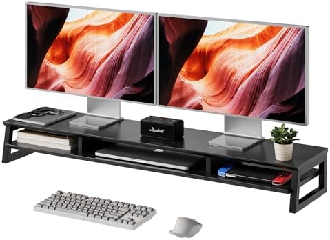 Dual Monitor Stand Riser for Desk, 41.7 Inch Large 2 Tier Computer Monitor Stand for 2 Monitors, Desktop Storage Organizer Shelf with Keyboard Space for Laptop PC Printer, Black by Unknown