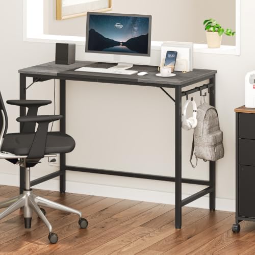 HOOBRO Computer Desk, 31.5 Inch Small Desk with Power Outlet, Writing Table with USB Charging Ports and 3 Hooks for Home Office, Bedroom, Easy to Assemble, Charcoal Gray and Black BC40UDN01 - Image 5