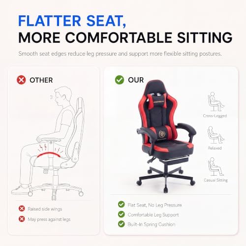Desk Computer Gaming Chair - High Back Ergonomic Office Chair with Footrest and Lumbar Support, Swivel Comfy Home Gamer Video Game Chairs with Pocket Spring Cushion for Adults (Red Leather) - Image 5