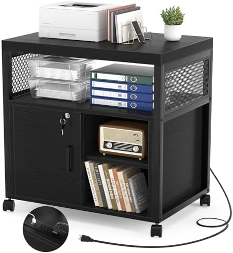 Unikito Lateral File Cabinet, Locking Office Printer Stand with Sockets and USB Charging Ports, Modern Rolling Printer Desk with Storage for A4, Letter Size and File Folders, Black by Unikito