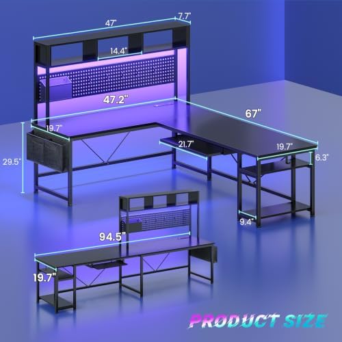 SEDETA 67" L Shaped Gaming Desk with Pegboard LED Lights and Power Outlet - Image 2