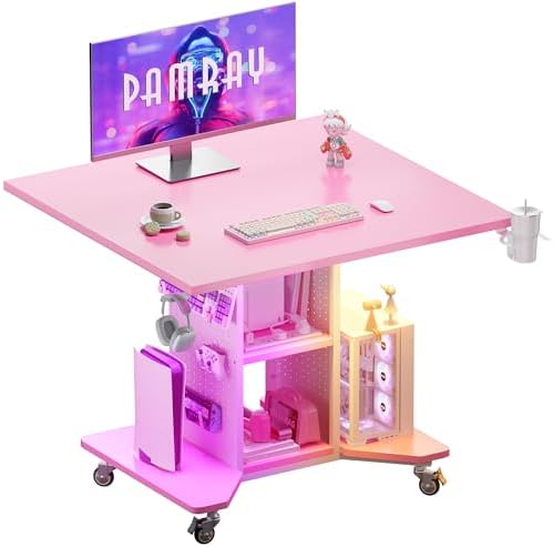Pamray Small Gaming Desk Rolling Computer Table Pink by PAMRAY