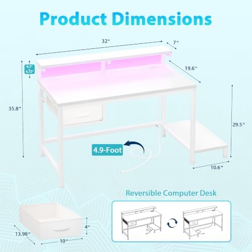 DurayLoly 32" Computer Desk with Power Outlet & Fabric Drawer,White - Image 3