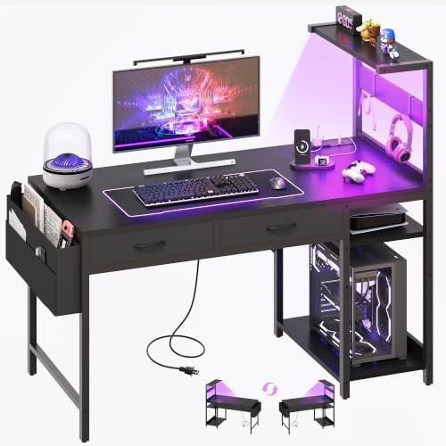40 Inch Small Gaming Desk with Drawers & Led Lights & Storage Bag, Black by YOUDENOVA