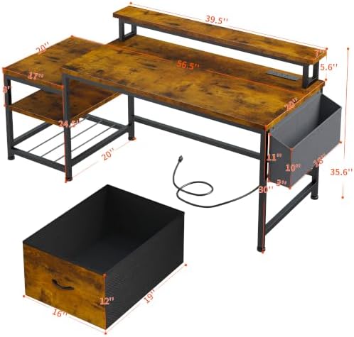 EnHomee 56.5" Office Desk with Drawers & Printer Space for Home Work,Brown - Image 2