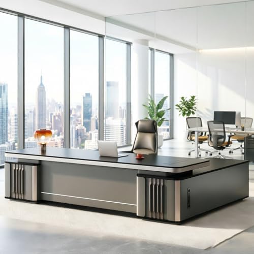 Executive Office Desk with Storage Cabinet,Modern l Shaped Executive Desk,50MM Thick Desktop for CEO Office, Reception & Commercial Workspace by Unknown