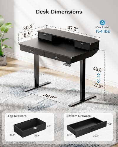 HUANUO 48 x 30 inch Electric Standing Desk with 2 Wood Drawers, Adjustable Height Sit Stand Desk for Home Office, Ergonomic Stand up Desk with 4 Memory Presets, 176 lbs Capacity, Black Top - Image 3
