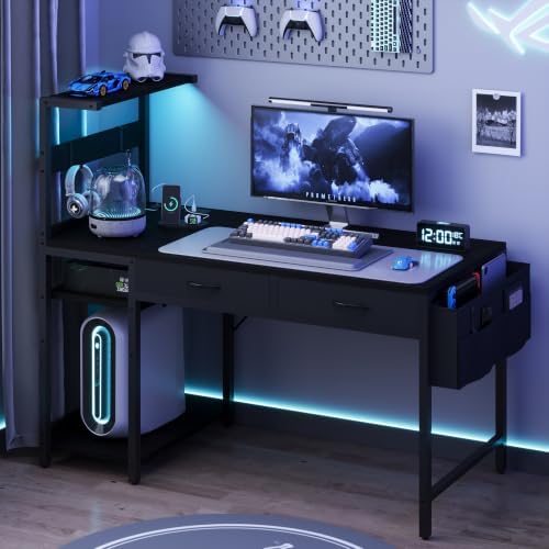 40 Inch Small Gaming Desk with Drawers & Led Lights & Storage Bag, Black - Image 2
