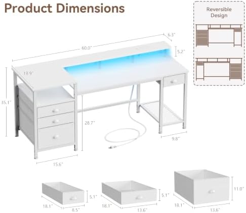 Furologee 60" White Computer Desk with 4 Drawers, Power Outlet, LED Lights - Image 3