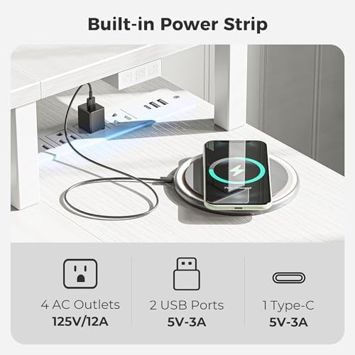 SUPERJARE 47 inch Reversible L Shaped Desk with LED Lights & Power Outlets, Computer Desk with Shelves & Monitor Stand, Gaming Desk with Drawer, Home Office Desk Corner Desk, PU White Drawer - Image 5