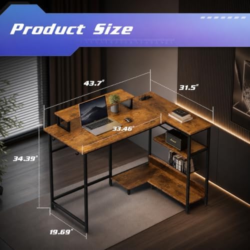 DEVAISE Compact 43 Inch L Shaped Gaming Desk with LED Lights, Rustic Brown - Image 2