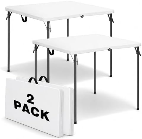 34" Square Folding Table for 4 Person, 330lbs Weight Capacity Foldable Table with HDPE Tabletop & Heavy-Duty Steel Legs, Large Portable Picnic Table for Indoor Outdoor Parties, Camping, White, 2 Pack by GlowitLian