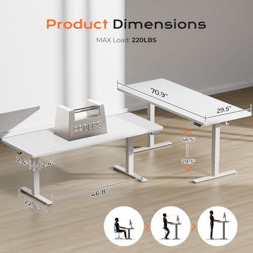 Huuger 71 x 30 Large Electric Standing Desk, Height Adjustable Computer Desk, 29.5" Deep Desktop, Stand up Gaming Office Table with 2 Hooks, 3 Preset Heights, for Home Office, White - Image 2