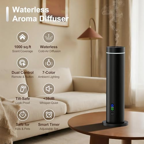 Waterless Diffuser, 1000 Sq.Ft Coverage, Essential Oil Diffuser– Plug-in Only, Remote Control, Adjustable Mist Mode, Mood Lights Aromatherapy Diffuser for Home, Large Room, Office, Hotel, Black - Image 2