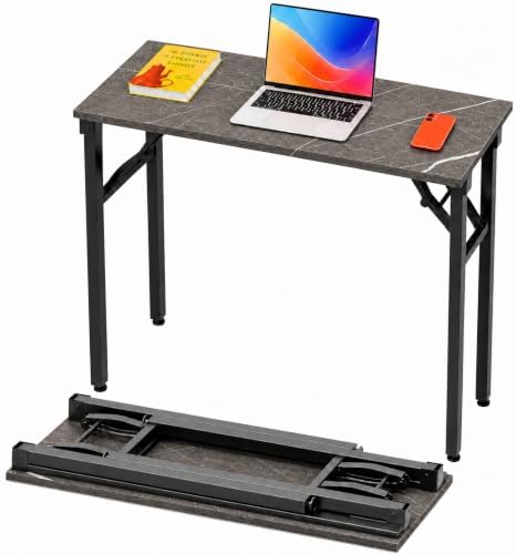 Folding Table Computer Desk - 35.8" No Assembly Folding Desk Design and Foldable Office Desk, Small Desk for Bedroom, Compact Storage Portable Use for Dorm and RV Small Space, Marble Greige by HMFOR