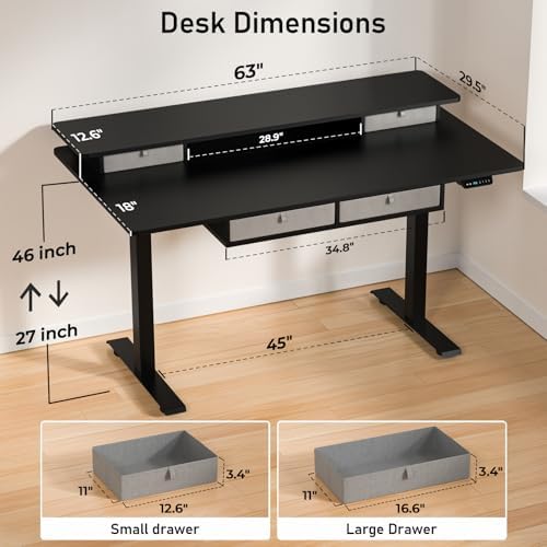 63 x 30 Inch Electric Standing Desk with 4 Drawers, Classic Black - Image 3