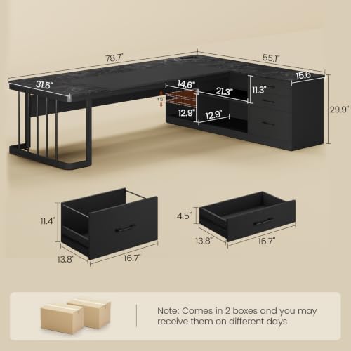 UPOSOJA 78.7" Executive Desk, Large Office Desk with Drawers & Storage Shelves, Modern L Shaped Computer Desk Corner Desk with Power Outlets, File Cabinet, Business Furniture Desk Workstation (Black) - Image 2