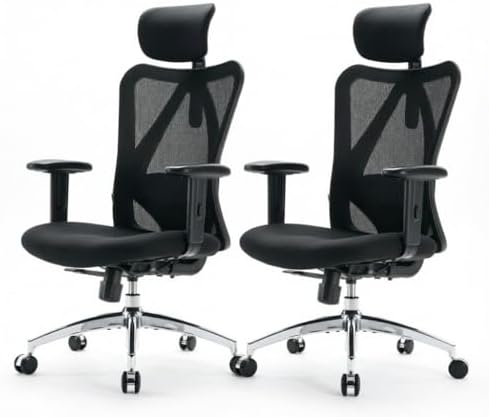 SIHOO M18 Ergonomic Office Chair, High Back Mesh Desk Chair with Adjustable Headrest & Lumbar Support, 330lbs Capacity Computer Chair with 2D Armrests & Wide Cushion, Tilt Lock, 2 Packs-Black by SIHOO