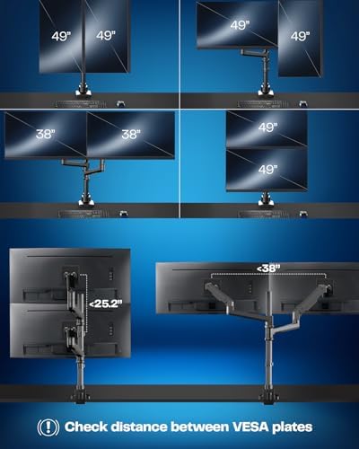 VIVO Pneumatic Arm Dual Ultrawide Monitor Extra Tall Desk Mount for Up to 49 inch Screens, Heavy Duty Clamp, Holds 2 Ultra Wides Up to 44 lbs, Black, STAND-V120K - Image 4